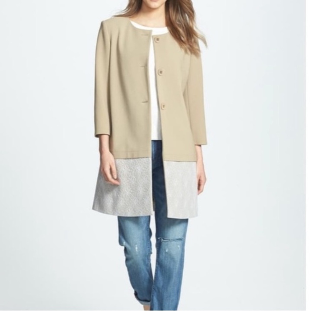 Chelsea28 floral lace trim long button front coat
